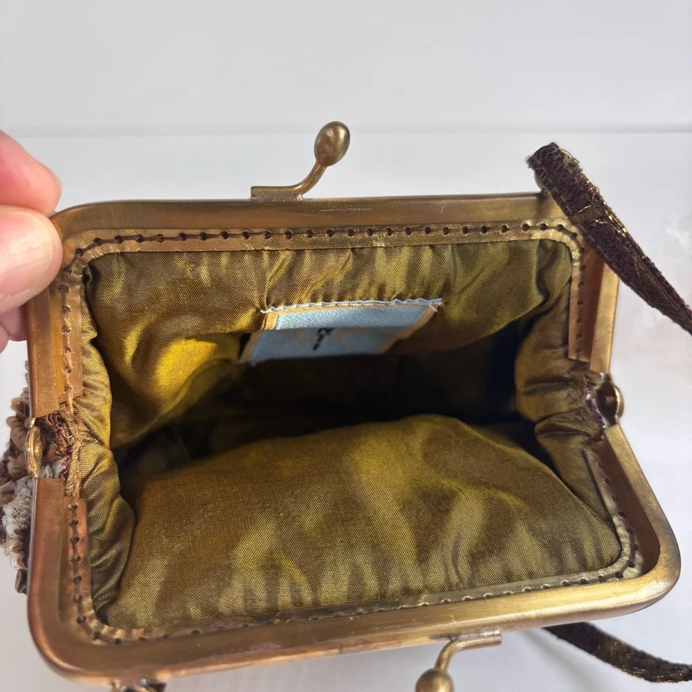 SANTI Y2K Brown Silk Beaded Sequin Tiger’s Eye Evening Luxury Hand Bag‎